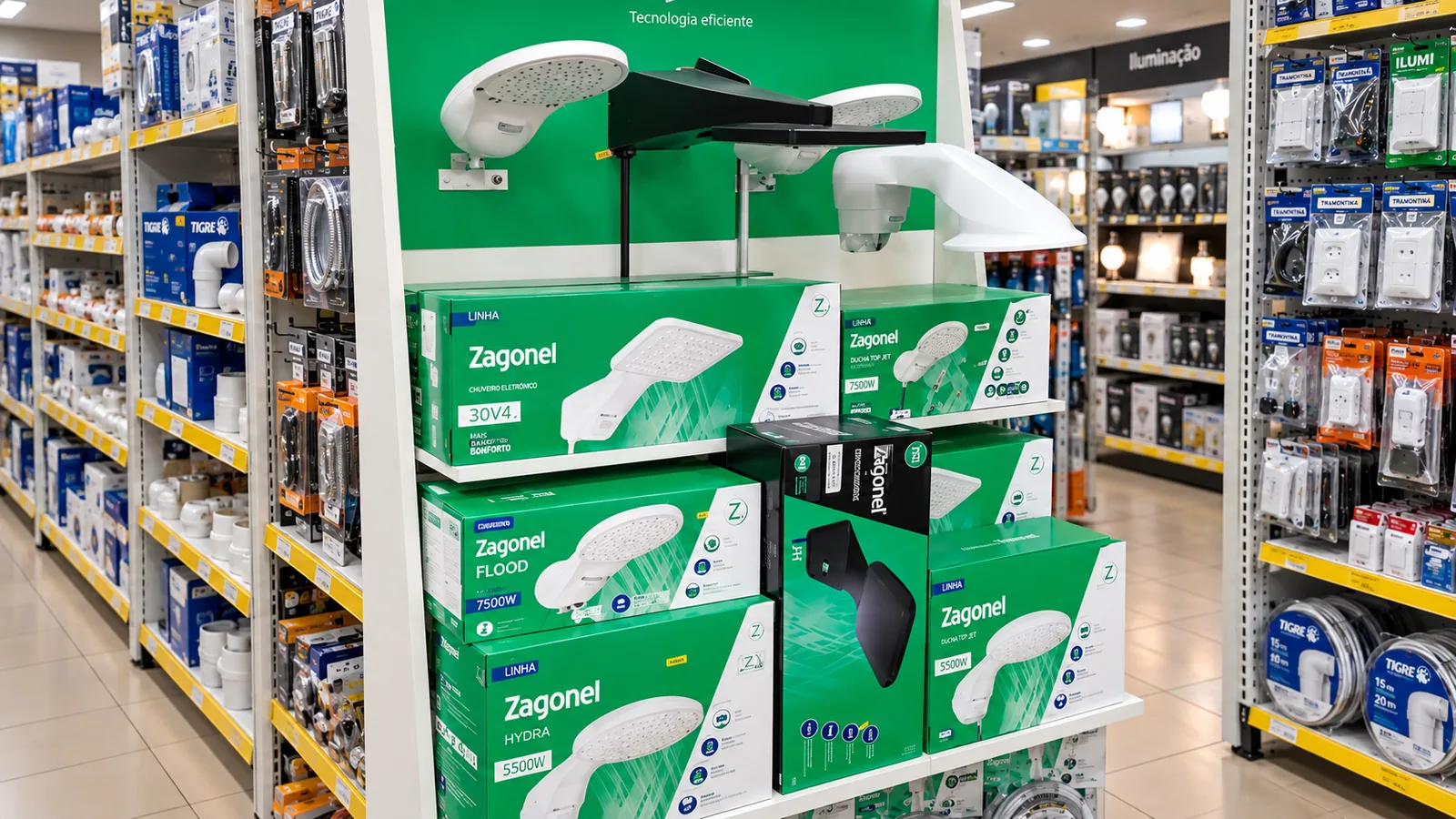 Expositor de chuveiros e duchas elétricas com as caixas dos modelos na prateleira, no corredor de material elétrico