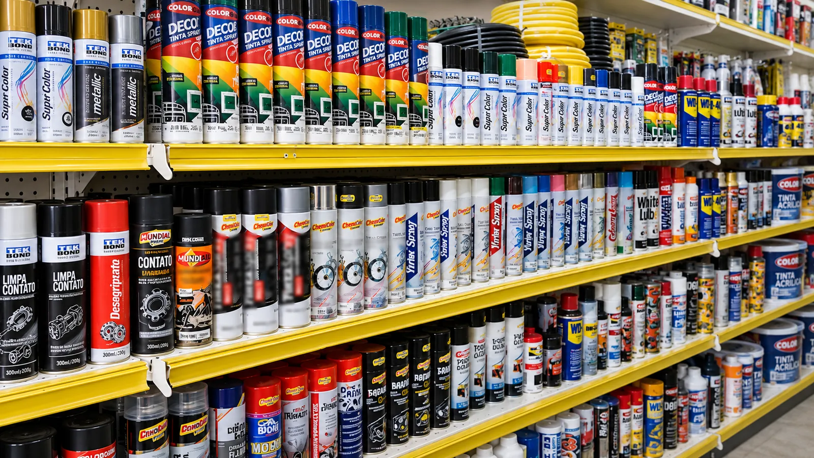 Prateleiras com tintas em spray de várias cores, produtos para repintura e itens de manutenção automotiva